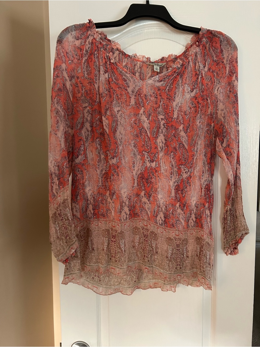 Lucky Brand Coral Paisley Peasant Top